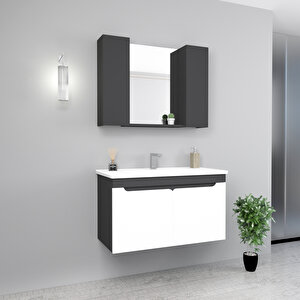 Leny 100cm Lavabolu Banyo Dolabı Takımı Antrasit Gövde Beyaz Kapak - Leny100 Antrasit Beyaz