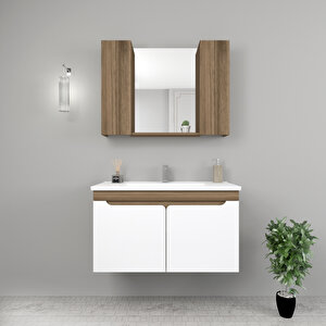 Leny 100cm Lavabolu Banyo Dolabı Takımı Ceviz Gövde Beyaz Kapak - Leny100 Beyaz - Ceviz