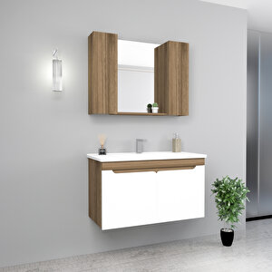 Leny 100cm Lavabolu Banyo Dolabı Takımı Ceviz Gövde Beyaz Kapak - Leny100 Beyaz - Ceviz