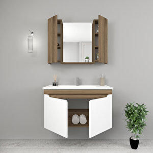 Leny 100cm Lavabolu Banyo Dolabı Takımı Ceviz Gövde Beyaz Kapak - Leny100 Beyaz - Ceviz