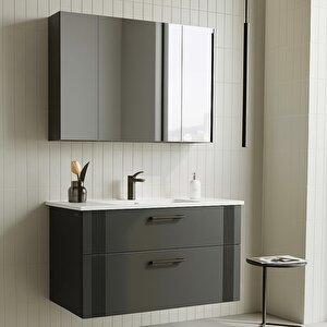 Bari 100 Cm Mat Antrasit Banyo Dolabı Takımı (dolaplı Ayna)