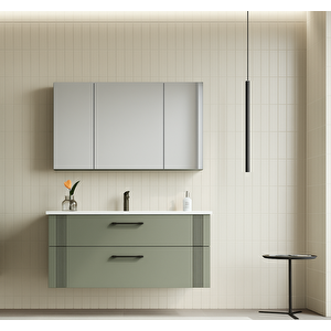 Bari 100 Cm Mat Yeşil Banyo Dolabı Takımı (dolaplı Ayna)