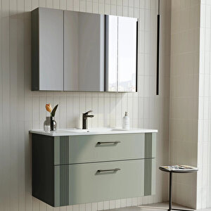 Bari 100 Cm Mat Yeşil Banyo Dolabı Takımı (dolaplı Ayna)