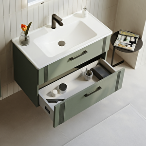 Orka Bari 85 Cm Mat Yeşil Banyo Dolabı Takımı (dolaplı Ayna)