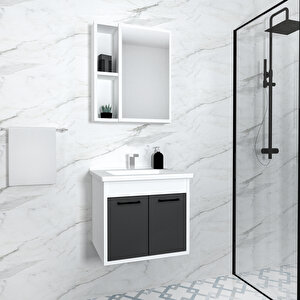 Leno Banyo Dolabı Takımı – Lavabolu, 55 Cm, Beyaz & Antrasit Renk