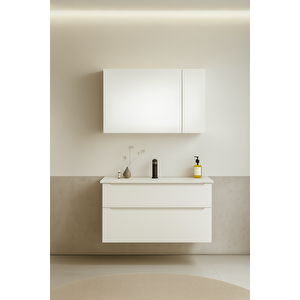 Messina 85 Cm Mat Beyaz Banyo Dolabı Takımı (dolaplı Ayna)
