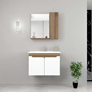 Leny 80cm Lavabolu Banyo Dolabı Takımı Ceviz Gövde Beyaz Kapak - Leny80 Beyaz - Ceviz