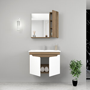Leny 80cm Lavabolu Banyo Dolabı Takımı Ceviz Gövde Beyaz Kapak - Leny80 Beyaz - Ceviz