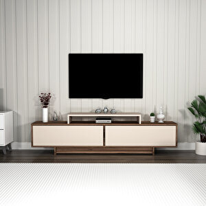Grasyas Modern Tasarım Tv Sehpası – Ceviz Bej, 2 Kapaklı, 180 Cm Geniş Dekoratif Ünite Barok Ceviz Krem