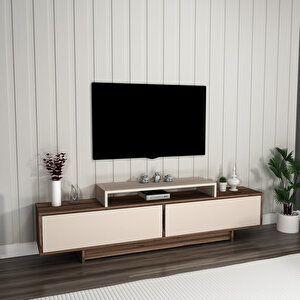 Grasyas Modern Tasarım Tv Sehpası – Ceviz Bej, 2 Kapaklı, 180 Cm Geniş Dekoratif Ünite Barok Ceviz Krem