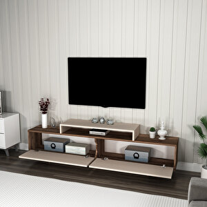 Grasyas Modern Tasarım Tv Sehpası – Ceviz Bej, 2 Kapaklı, 180 Cm Geniş Dekoratif Ünite Barok Ceviz Krem