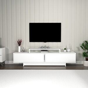 Grasyas Modern Tasarım Tv Sehpası – Beyaz, 2 Kapaklı, 180 Cm Geniş Dekoratif Ünite Beyaz