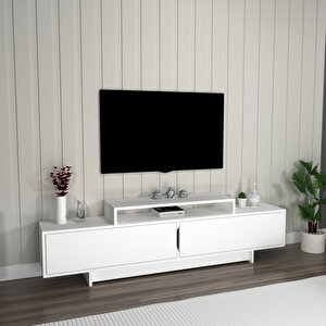 Grasyas Modern Tasarım Tv Sehpası – Beyaz, 2 Kapaklı, 180 Cm Geniş Dekoratif Ünite Beyaz