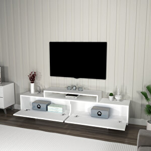 Grasyas Modern Tasarım Tv Sehpası – Beyaz, 2 Kapaklı, 180 Cm Geniş Dekoratif Ünite Beyaz