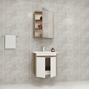 Maya 55cm Lavabolu Banyo Dolabı Takımı Ceviz Gövde Beyaz Kapak - Maya55 Beyaz - Ceviz