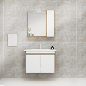 Maya 80 Cm Lavabolu Banyo Dolabı Takımı Ceviz Gövde Beyaz Kapak - Maya80 Beyaz - Ceviz