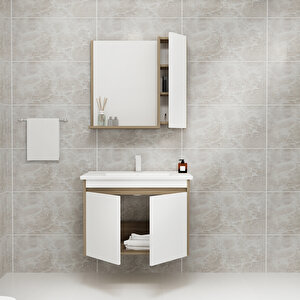 Maya 80 Cm Lavabolu Banyo Dolabı Takımı Ceviz Gövde Beyaz Kapak - Maya80 Beyaz - Ceviz