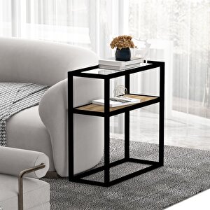 Como Modern Yan Sehpa – Cam & Barok Ceviz Raflı, 2 Katlı Sehpa