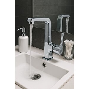 Lavabo Bataryasi Krom Banyo Musluk Ağir Pri̇nç Yüksek Gövde Döner Boru Modern Lüks Armatür Gümüş Gri̇
