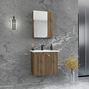 Arnetti Pavol 65cm Lavabolu Banyo Dolabı Takımı Ceviz Gövde Beyaz Alın - Pavol65
