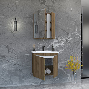 Arnetti Pavol 65cm Lavabolu Banyo Dolabı Takımı Ceviz Gövde Beyaz Alın - Pavol65