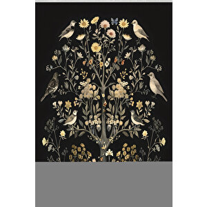 Siyah Zeminli Halı, Kuş Ve Çiçek Desenli, Yıkanabilir Ve Evcil Hayvan Dostu 160x350 cm