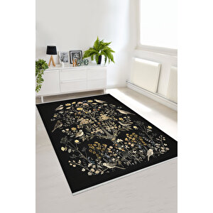 Siyah Zeminli Halı, Kuş Ve Çiçek Desenli, Yıkanabilir Ve Evcil Hayvan Dostu 160x350 cm
