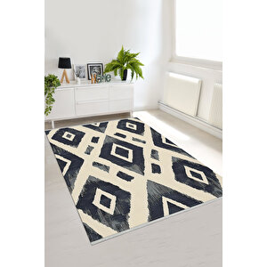 Siyah Ve Krem Renkli Halı, Ikat Desenli, Yıkanabilir Ve Evcil Hayvan Dostu 120x180 cm