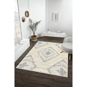 Krem Ve Gri Renkli Halı, Geometrik Desenli, Yıkanabilir Ve Evcil Hayvan Dostu 120x270 cm