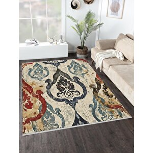 Oriental Desenli Halı – Lacivert, Kırmızı, Bej Ve Mavi – Etkileyici Klasik Dokunuş, Makinede Yıkanabilir, Kaymaz Taban, Evcil Hayvan Dostu 100x100 cm