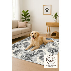 Gri Ve Krem Tonlarında Halı, Soyut Desenli, Yıkanabilir Ve Evcil Hayvan Dostu