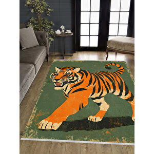 Yeşil Zeminli Halı, Kaplan Figürlü Ve Hayvan Temalı, Yıkanabilir Ve Evcil Hayvan Dostu 200x270 cm