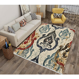 Oriental Desenli Halı – Lacivert, Kırmızı, Bej Ve Mavi – Etkileyici Klasik Dokunuş, Makinede Yıkanabilir, Kaymaz Taban, Evcil Hayvan Dostu 150x150 cm