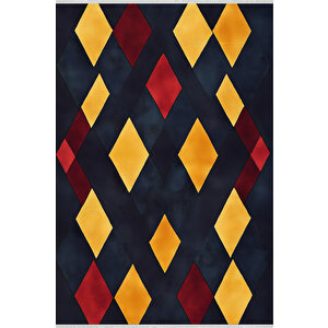 Lacivert Zeminli Halı, Sarı Ve Bordo Renkli Geometrik Desenli, Yıkanabilir Ve Evcil Hayvan Dostu 150x300 cm