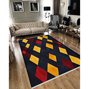 Lacivert Zeminli Halı, Sarı Ve Bordo Renkli Geometrik Desenli, Yıkanabilir Ve Evcil Hayvan Dostu 200x350 cm