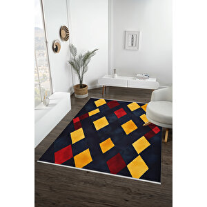 Lacivert Zeminli Halı, Sarı Ve Bordo Renkli Geometrik Desenli, Yıkanabilir Ve Evcil Hayvan Dostu