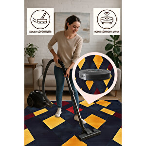 Lacivert Zeminli Halı, Sarı Ve Bordo Renkli Geometrik Desenli, Yıkanabilir Ve Evcil Hayvan Dostu