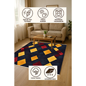 Lacivert Zeminli Halı, Sarı Ve Bordo Renkli Geometrik Desenli, Yıkanabilir Ve Evcil Hayvan Dostu