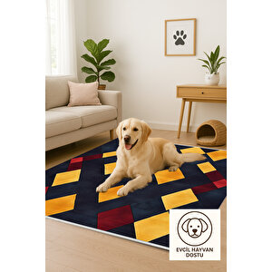 Lacivert Zeminli Halı, Sarı Ve Bordo Renkli Geometrik Desenli, Yıkanabilir Ve Evcil Hayvan Dostu