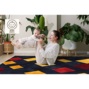 Lacivert Zeminli Halı, Sarı Ve Bordo Renkli Geometrik Desenli, Yıkanabilir Ve Evcil Hayvan Dostu