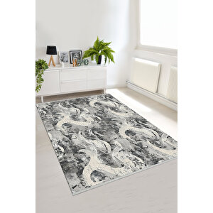Gri Ve Krem Tonlarında Halı, Soyut Desenli, Yıkanabilir Ve Evcil Hayvan Dostu 120x270 cm