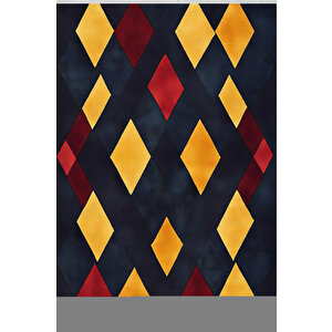 Lacivert Zeminli Halı, Sarı Ve Bordo Renkli Geometrik Desenli, Yıkanabilir Ve Evcil Hayvan Dostu 100x100 cm