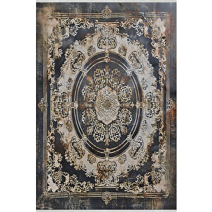 Lacivert Ve Bej Renkli Halı, Oriental Desenli, Yıkanabilir Ve Evcil Hayvan Dostu 80x80 cm