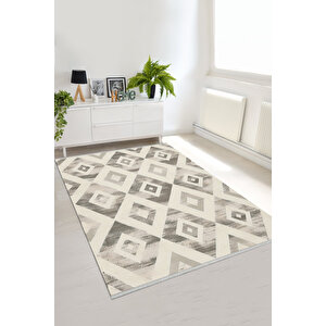 Krem Ve Gri Renkli Halı, Geometrik Desenli, Yıkanabilir Ve Evcil Hayvan Dostu 120x270 cm