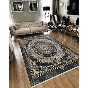 Lacivert Ve Bej Renkli Halı, Oriental Desenli, Yıkanabilir Ve Evcil Hayvan Dostu 150x240 cm