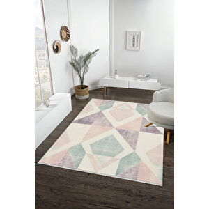 Pudra Ve Yeşil Renkli Halı, Geometrik Desenli, Yıkanabilir Ve Evcil Hayvan Dostu 100x100 cm