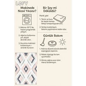 Pudra Ve Lacivert Renkli Halı, Geometrik Desenli, Yıkanabilir Ve Evcil Hayvan Dostu