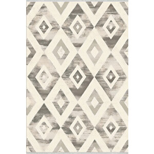 Krem Ve Gri Renkli Halı, Geometrik Desenli, Yıkanabilir Ve Evcil Hayvan Dostu 100x180 cm