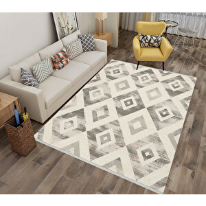 Krem Ve Gri Renkli Halı, Geometrik Desenli, Yıkanabilir Ve Evcil Hayvan Dostu