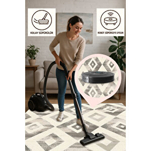 Krem Ve Gri Renkli Halı, Geometrik Desenli, Yıkanabilir Ve Evcil Hayvan Dostu